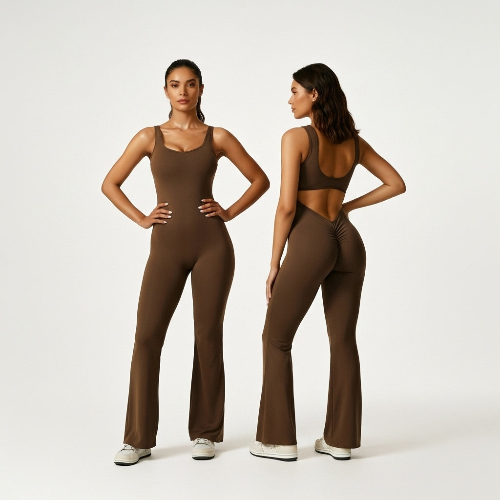 OYV Women Workout Scrunch Flare Jumpsuits Sexy Backless Butt Lift Gym Yoga Jumpsuits