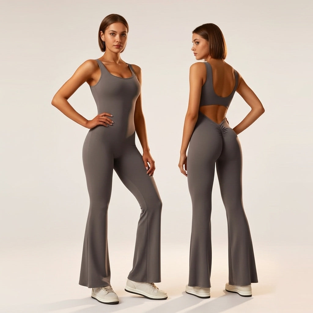 OYV Women Workout Scrunch Flare Jumpsuits Sexy Backless Butt Lift Gym Yoga Jumpsuits