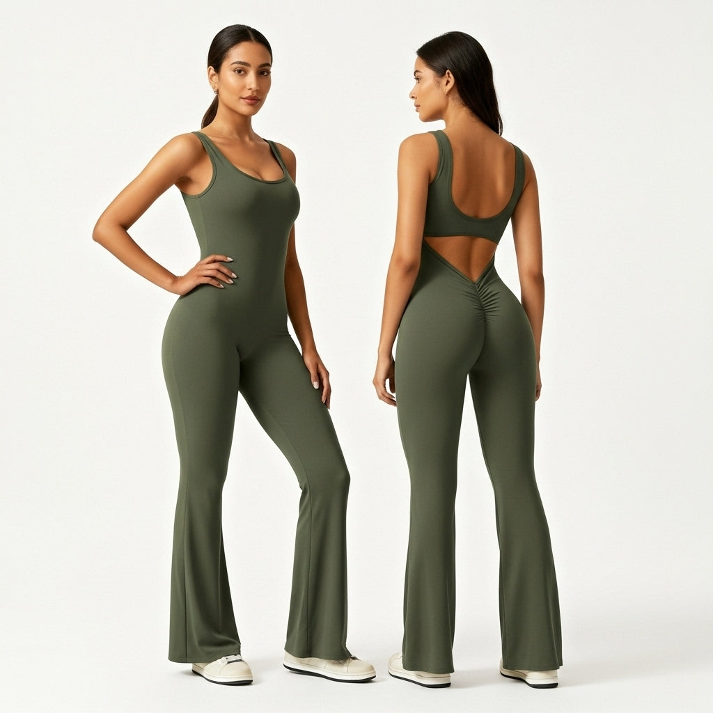 OYV Women Workout Scrunch Flare Jumpsuits Sexy Backless Butt Lift Gym Yoga Jumpsuits